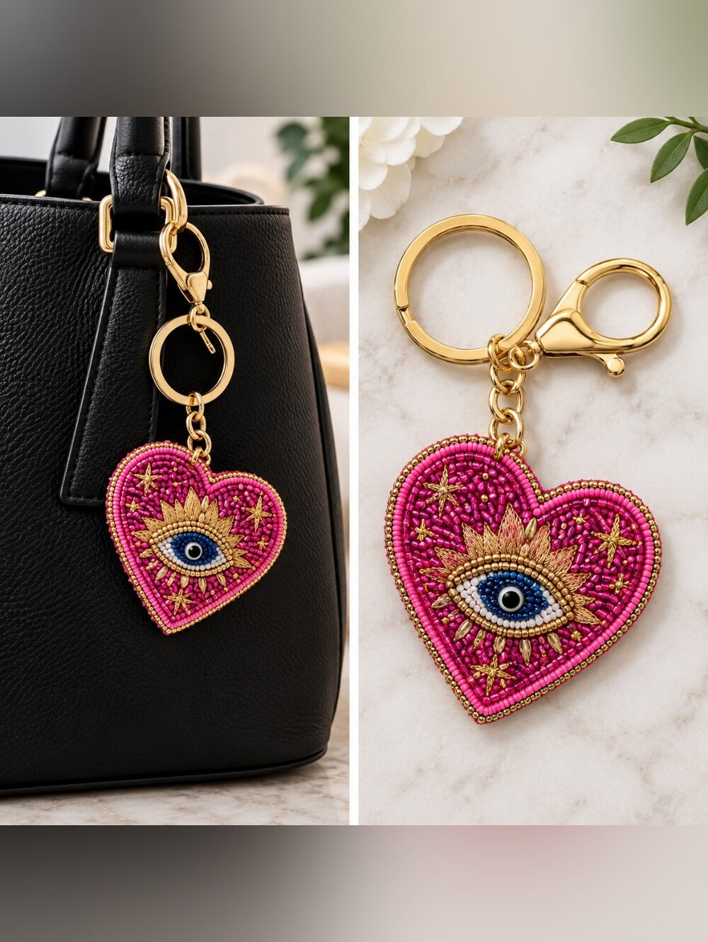 Blake Taylor Pink Heart Eye Beaded Keychain Bag Charm